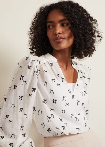 Phase Eight Taytum Bow Print Shirts White USA | 7596310-YM